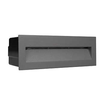 Светильник LTD-TRAIL-S226x76-8W Warm3000 (GR, 65 deg, 230V) 029964 - Светодиодный встраиваемый прямоугольный светильник для стен, лестниц, 8Вт. Цвет ТЕПЛЫЙ БЕЛЫЙ 3000K, св.поток 330лм, CRI(Ra)>80, угол 65°, асимметричный свет. Размер 226x76x54мм (закладна