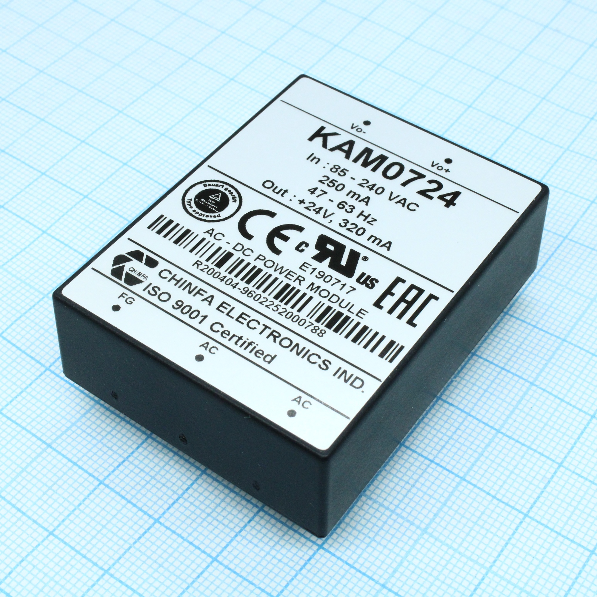 KAM0724 - AC-DC, 7Вт, выход 24В/0.32A, рег. вых=±10%Uном, вход 85…265V AC, 47…63Гц / 120...370V DC,  изоляция 3000V AC, в кожухе 58х45х19мм, -20…+50°С