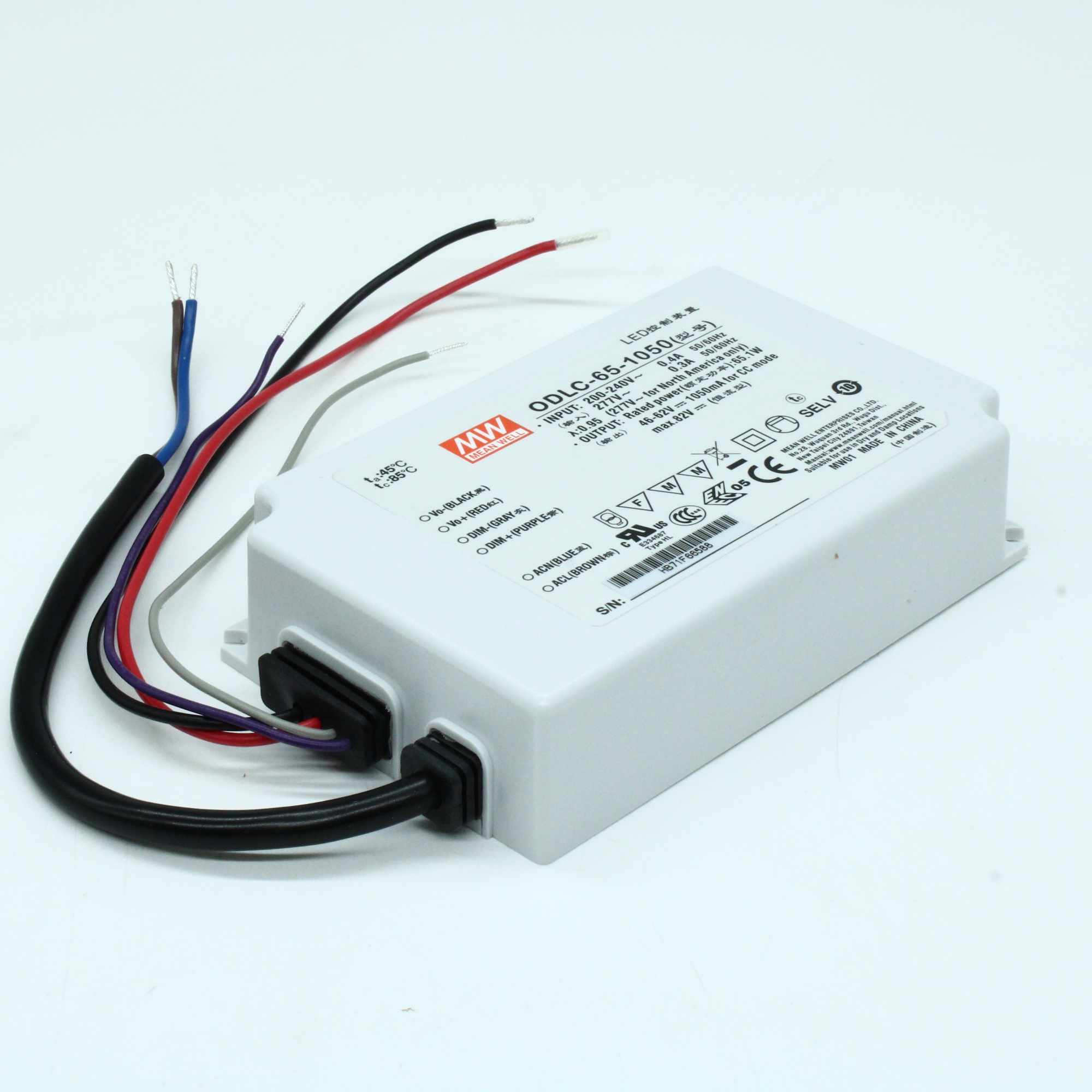 ODLC-65-1050 - AC-DC, 65.1Вт, вход 180…295В AC, 47…63Гц/254…417В DC, ККМ, выход 46…62В/1050мА, изоляция 3750В AC, в кожухе 121х77х28.5, -20…+85°С (корпус), димминг 0...10 В/ШИМ