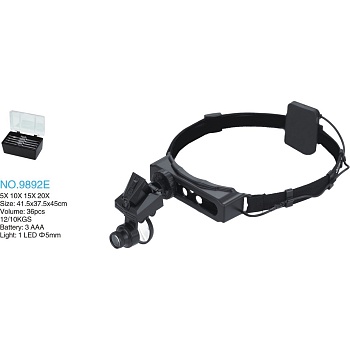 Линза х28 MG9892E головная с подсветкой - 5 сменных пластиковых стекол-насадок и 3 бинокулярные линзы в комплекте могут быть установлены попарно и дают до 16 шагов увеличения.Питание – 3 батарейки LR03 (AAA) (в комплект не входят).