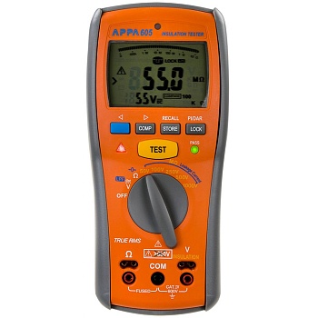 APPA 605 - Многфункц. цифровой тестер изоляции (3 в 1): измерение сопротивления изоляции 10кОм… 20 ГОм (±3 %; U испыт. 250/500/1000В), сопротивление до 40 кОм ( ±1,5%) и прозвонка