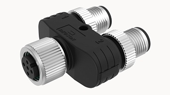 Распред. устройство FY-M12A-04F-M12A-04M-T-0100 - Распределительное устройство, Y-образное, 4 полюса, 1 вход (розетка) / 2 выхода (вилка), M12, A-Code, 4A, 250V, пластик