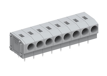 Клемма на плату 235201 - Клемма, горизонтальный подвод кабеля, на плату, шаг: 5.0 мм, 1 полюс, фиксация провода пружинная, исполнение: два вывода на контакт, 320V, 17,5A, цвет: серый