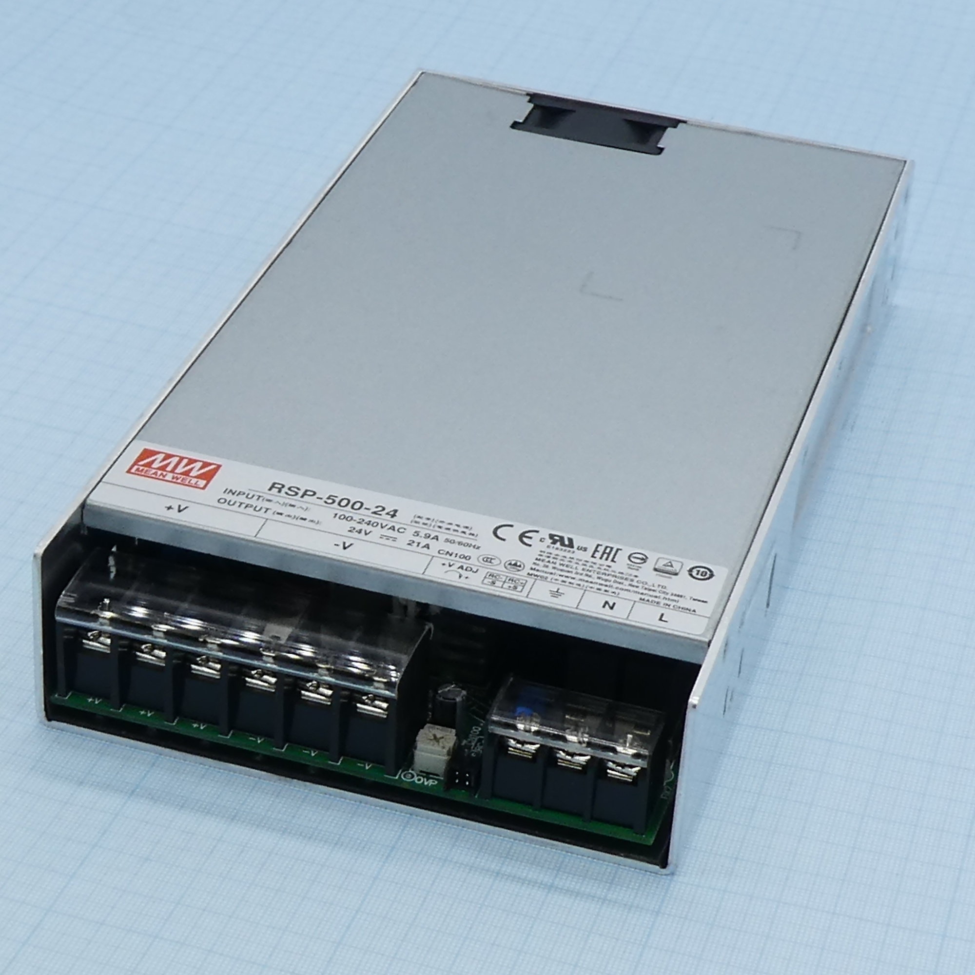 RSP-500-24 - AC-DC, 504Вт, ККМ, вход 85…264V AC, 47…63Гц /120…370В DC, выход 24В/21A, рег. вых 20…26.4В, изоляция 3000В AC, в корпусе 230х127х41мм, -30…+70°С