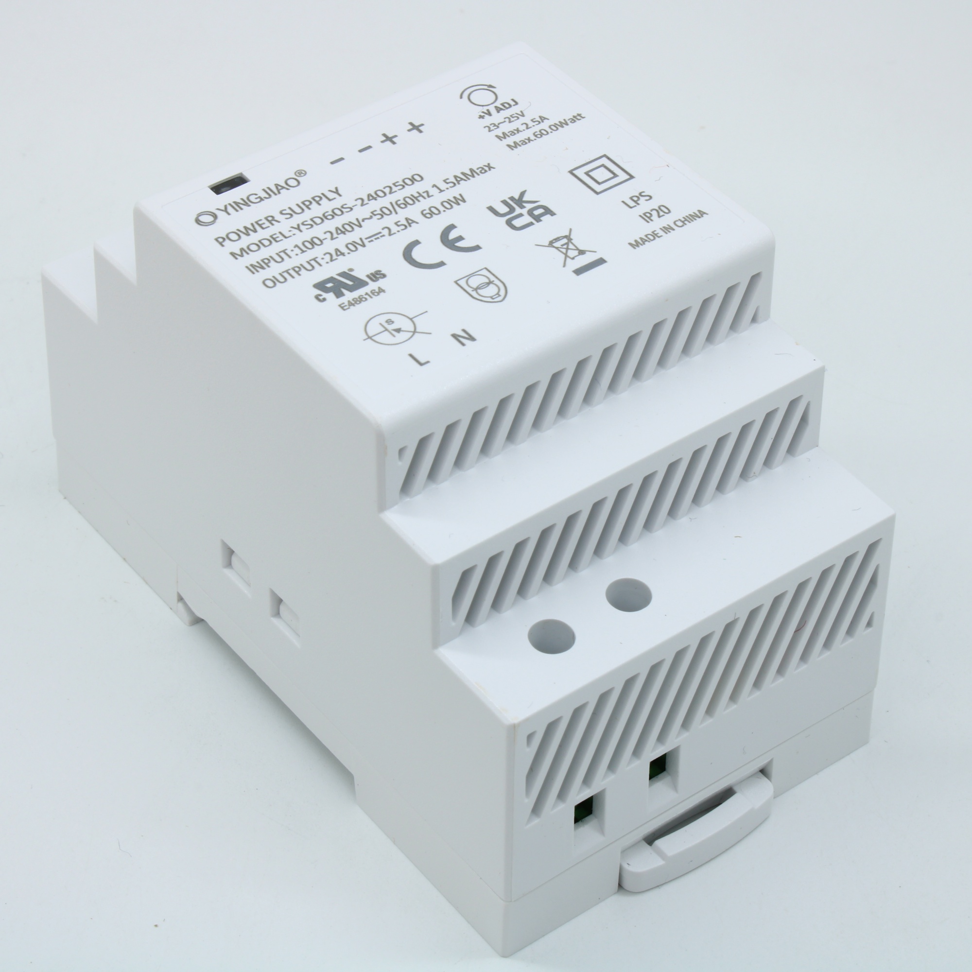 YSD60S-2402500 - AC-DC, 60 Вт, вход 85~264Vac, выход 24Vdc, в кожухе на DIN-рейку, КПД 90%, ном.Р_вых.>?105~160%, изоляция Class II, OL-Hiccup Mode - автоперезагрузка, 52*58*90 мм , -10...+40°С