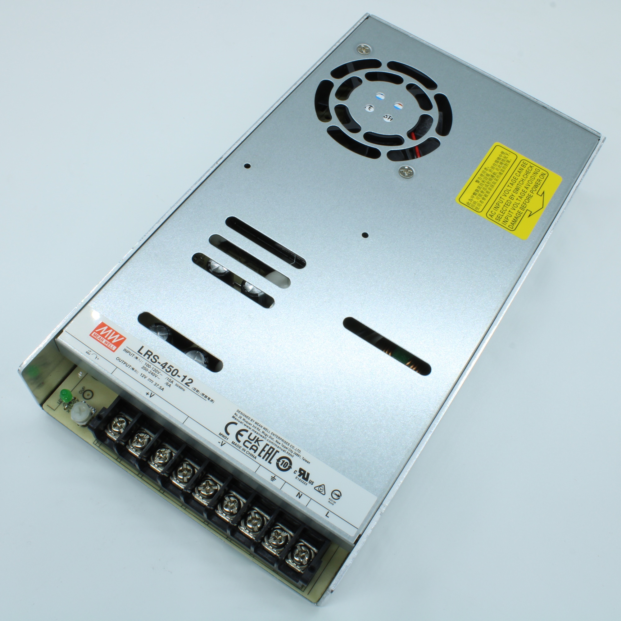 LRS-450-12 - AC-DC, 450Вт, вход 90…264В AC (переключатель), 47…63Гц, выход 12В/37.5A, рег.вых=11.4…13.2В, изоляция 3000В AC, в кожухе 225х124х35мм, -25…+70°С