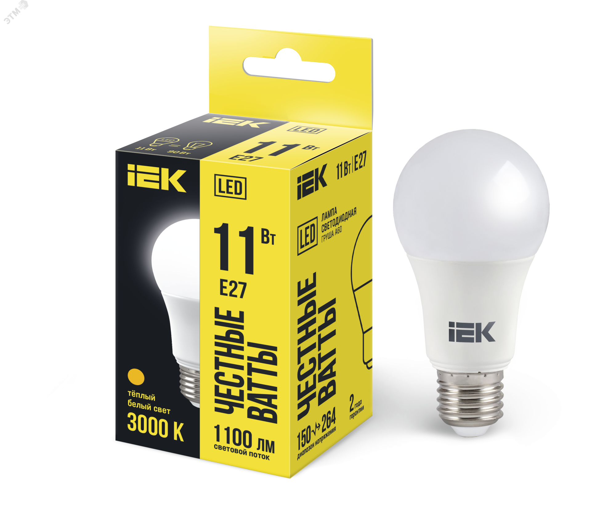 Лампа светодиодная Eco A60 11Вт грушевидная 3000К тепл. бел. E27 990лм 230-240В IEK LLE-A60-11-230-30-E27