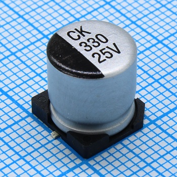 JCK1E331M100105 - Конденсатор алюминиевый электролитический 330мкФ 25В ±20% (10х10.5мм) SMD 240мА 2000часов 105°С лента на катушке