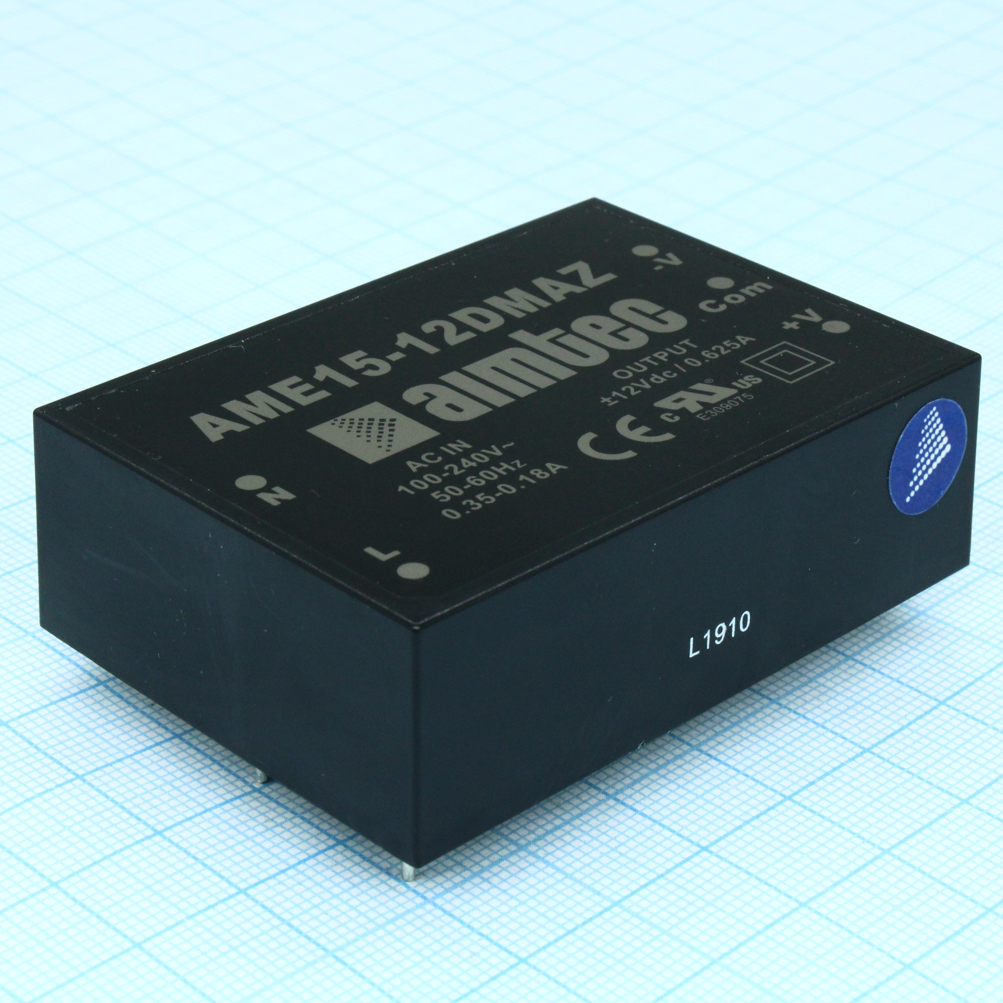 AME15-12DMAZ - AC-DC, 15Вт, два выхода ±12В/0,63A, вход 90…260V AC, 47…440Гц / 120...370V DC, изоляция 4000V AC, в корпусе на плату 65х46х21мм, -40…+71°С