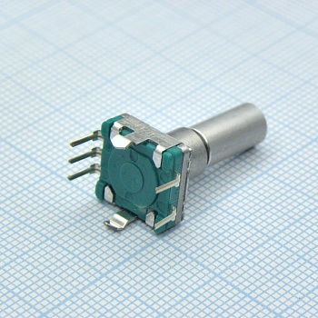 EC11E15244G1 - Энкодер EC11, 30 щелчков, 15 импульсов, металлический вал с лыской 20мм, с кнопкой, ход 0,5мм, вертикальный