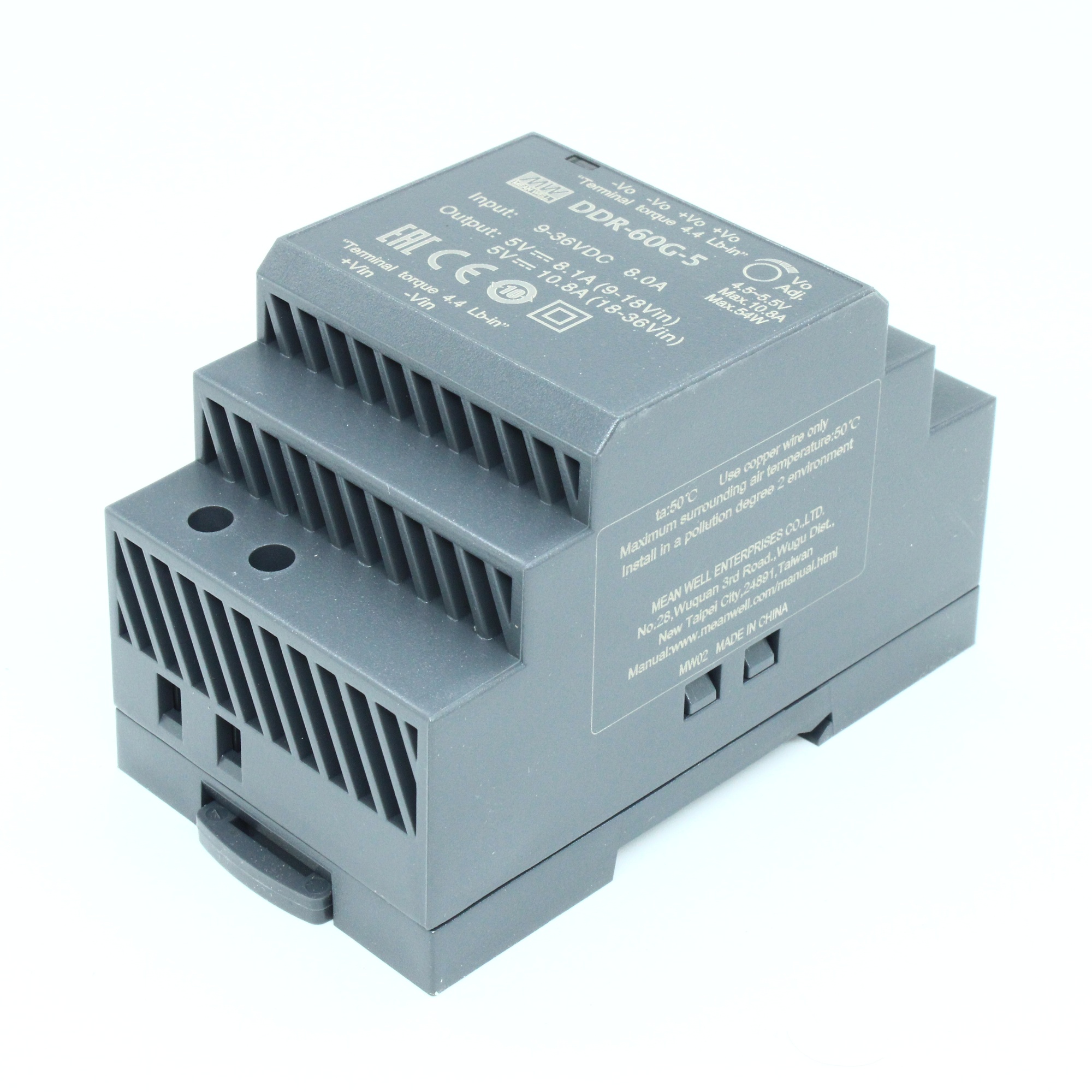 DDR-60G-5 - DC-DC, 54Вт, вход 9…36 В DC, выход 5В/10.8А, изоляция 4000В DC, в кожухе на DIN-рейку, 52.5х90х54.5мм, -40...+85°С