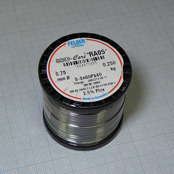 Припой Sn60Pb40 RA05  0.75мм 250гр - Припой трубчатый оловянно-свинцовый ПОС61, 2.5% флюс RA05 активный с низким содержанием галогенов (ROM1)