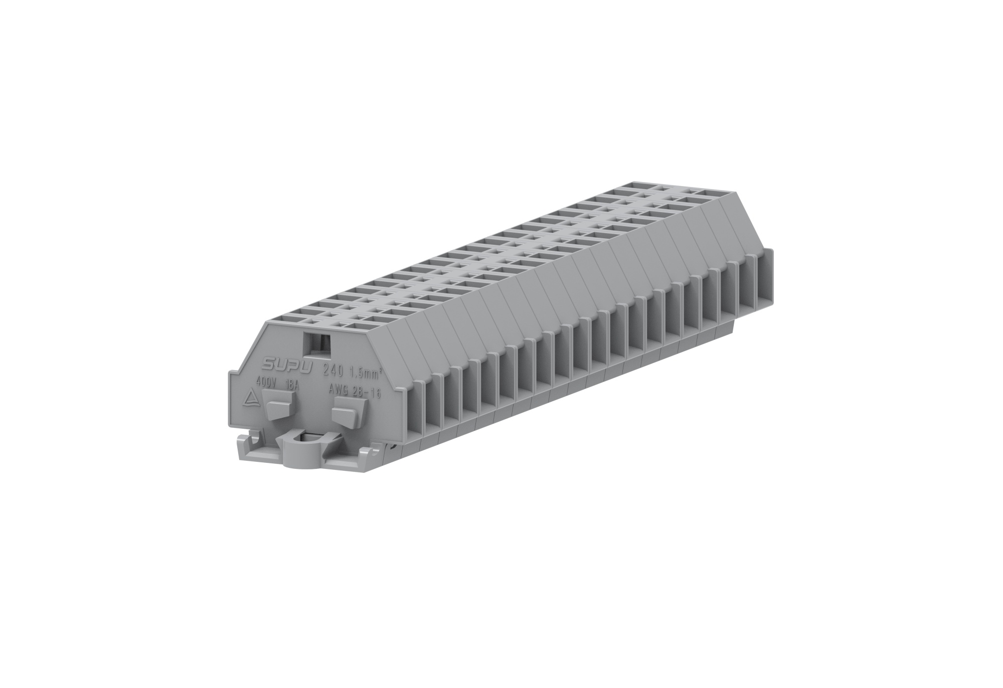 Клемма мини 240301 - Мини клемма, боковой подвод кабеля, 2 точки подключения в клемме, тип фиксации провода: пружинный, номинальное сечение: 1,5 мм кв., 18A, 400V, цвет: серый, тип монтажа: монтажные фланцы