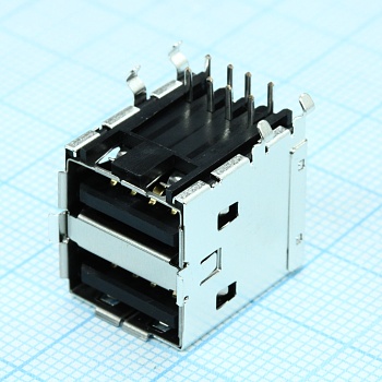 672983090 - Разъем USB тип А розетка сдвоенная, 4/4 контакта угловой монтаж в отверстие 8 выводов 2 порта лоток