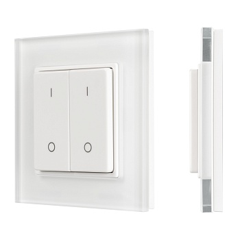 Панель SMART-P47-DIM-G-SUF (3V, 2 зоны, Knob, 2.4G) 032984 - Накладная кнопочная панель 2.4 ГГц, цвет белый. Материал - стекло. Для управления одноцветными источниками света, 2 зоны управления. Питание/рабочее напряжение 3VDC от батарейки CR2032. Габариты