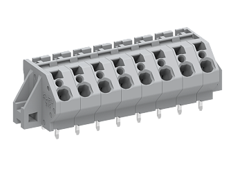Розеточный разъем на плату 245302/020 - Клемма, подвод кабеля 45 град., на плату, шаг: 7.5 мм, 2 полюса, фиксация провода push-in, исполнение: два вывода на контакт, монтажные фланцы, 630V, 32A, цвет: серый