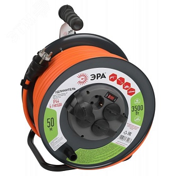 Удлинитель силовой RMx-4es-3x2.5-50m-IP44 на метал. катушке с заземлением с выключателем 4 розетки 50м ПВС Б0052922