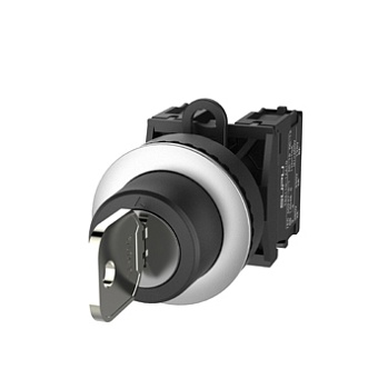 Селекторный переключатель (черный) TS2020-2AE60 - Переключатель, с ключом, 3-х позиционный, самовозврат из левого положения и фиксация в правом, ключ вынимается из центрального положения, без подсветки, алюминиевое переднее кольцо, без контактной группы, 