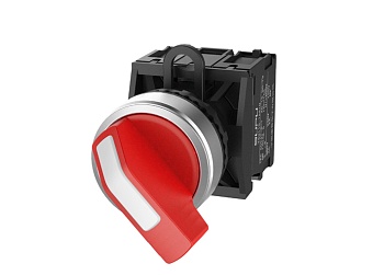 Селекторный переключатель (красный) TS2520-1BF10-R10 - Переключатель, длинная ручка, 3-х позиционный, без самовозврата, без подсветки, алюминиевое переднее кольцо, с плавным нажатием, с контактной группой 1NO, диаметр головки кнопки 29,5 мм, диаметр посад