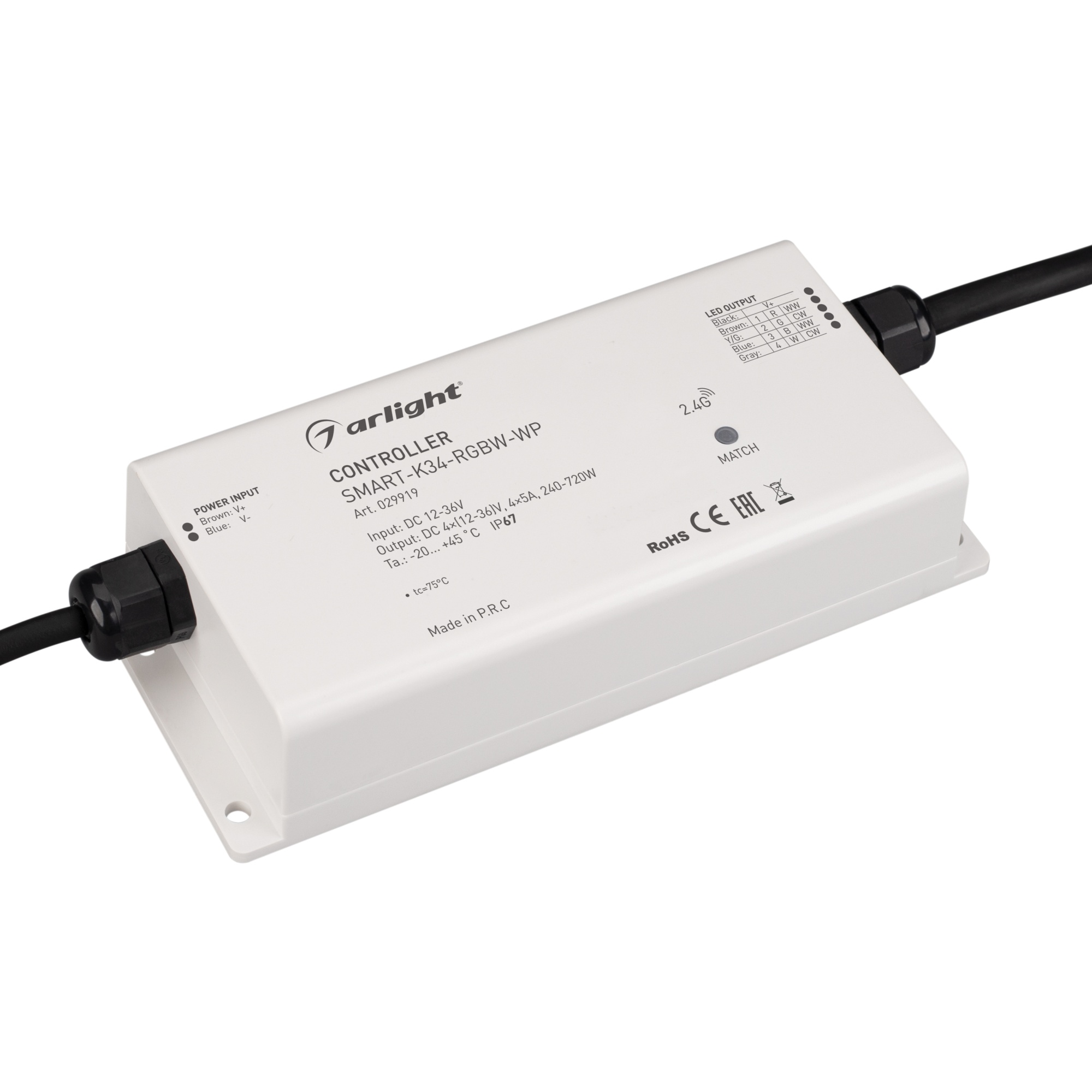 Контроллер SMART-K34-RGBW-WP (12-36V, 4x5A, 2.4G) 029919 - Влагозащищенный (IP67) контроллер для светодиодной RGBW ленты (ШИМ). Питание/рабочее напряжение 12-36VDC, максимальный ток 5A на канал, 4 канала, максимальная мощность 240-720W. Корпус - PVC. Габа