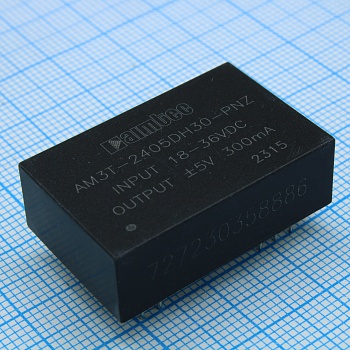 AM3T-2405DH30-PNZ - DC/DC преобразователь 3 Вт  вход 18...36В  выход ±5В  ±0.3А   -40...+85°C, дерейтинг при +85°C изоляция 3000VDC MTBF 1000000 часов  КПД 82 %  ёмк. нагрузка макс. ±2200 мкФ корпус DIP24, пластик монтаж на печатную плату 20.3x31.6x10.2 м