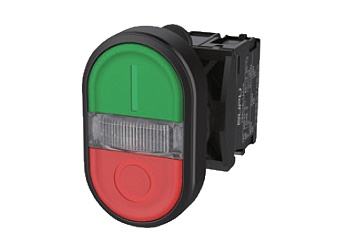 Селекторный переключатель (зел/красн) TS2012-0MM21 - Двухпозиционный кнопочный переключатель плоский верх/выпуклый низ, без подсветки, пластиковое переднее кольцо, без контактной группы, размер головки кнопки 29,5 мм * 49,4 мм, диаметр посадочного отверст