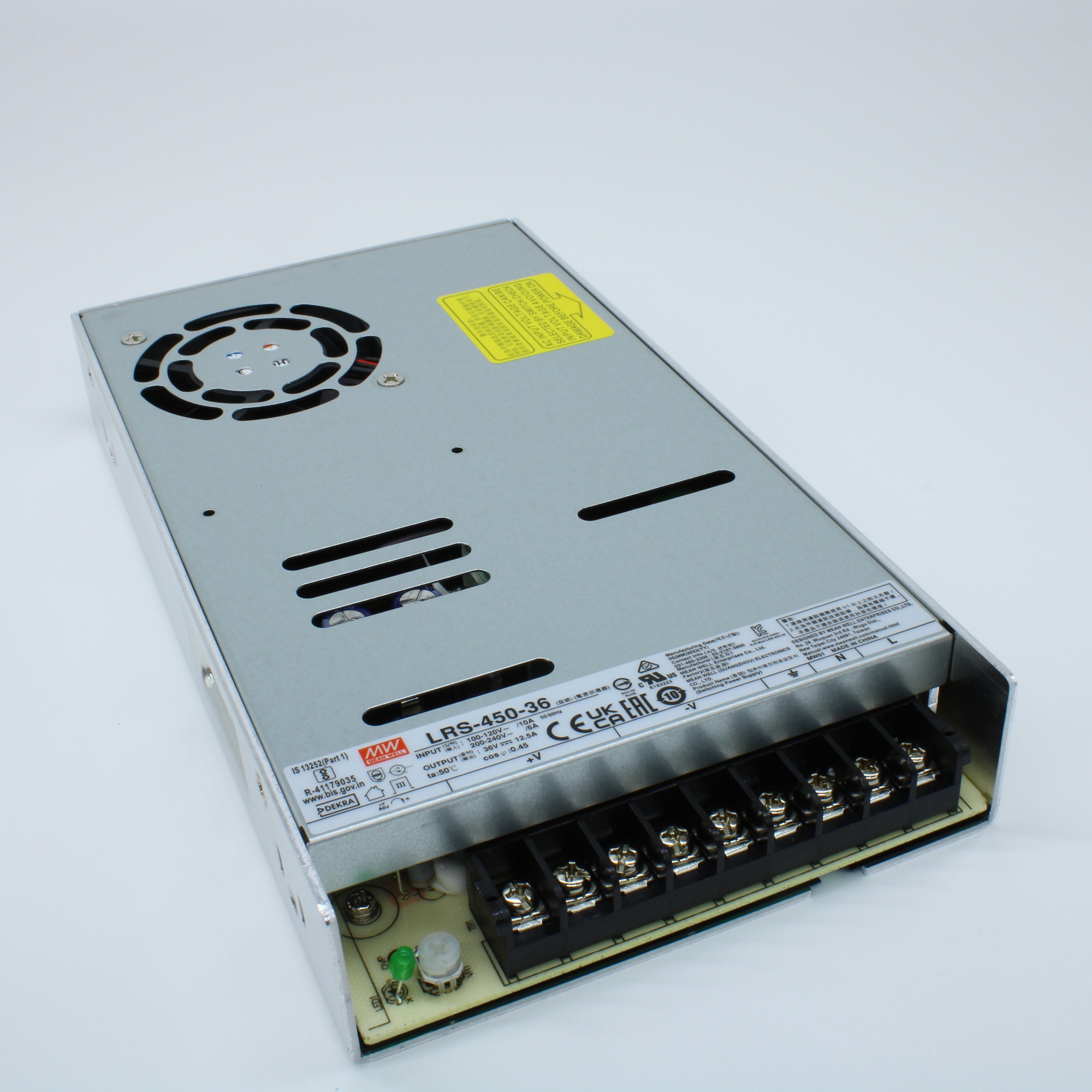 LRS-450-36 - AC-DC, 450Вт, вход 90…264В AC (переключатель), 47…63Гц, выход 36В/12.5A, рег.вых=34.2…39.6В, изоляция 3000В AC, в кожухе 225х124х35мм, -25…+70°С