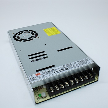 LRS-450-36 - AC-DC, 450Вт, вход 90…264В AC (переключатель), 47…63Гц, выход 36В/12.5A, рег.вых=34.2…39.6В, изоляция 3000В AC, в кожухе 225х124х35мм, -25…+70°С