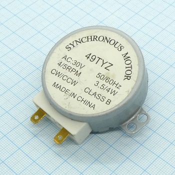 СВЧ:Двиг.тарелки 49TYZ 21VAC - СВЧ:Двигатель тарелки, 21В, 50/60Гц, 3.5/4W, 4/5RPM(оборотов в минуту), пластмассовый вал со спилом (с лыской), высота вала 10мм