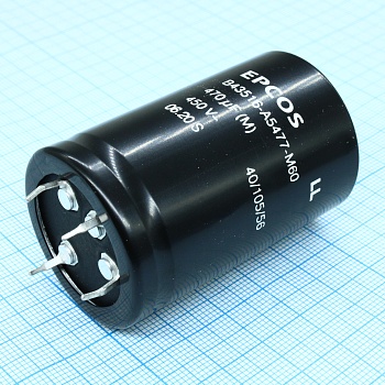 B43516A5477M060 - Конденсатор алюминиевый электролитический 470мкФ 450В ±20% (35 X 55мм) защелкиваемые выводы 10мм 0.3Ом 2300мА 3000час 105°С 4 вывода россыпь