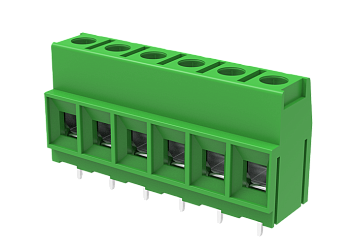 Клемма на плату MC-TJ10.16H02C-0001 - Клемма, горизонтальный подвод кабеля, на плату, шаг: 10.16 мм, 2 полюса, фиксация провода винтовая, исполнение: два вывода на полюс, 1000V, 57A, цвет: зеленый