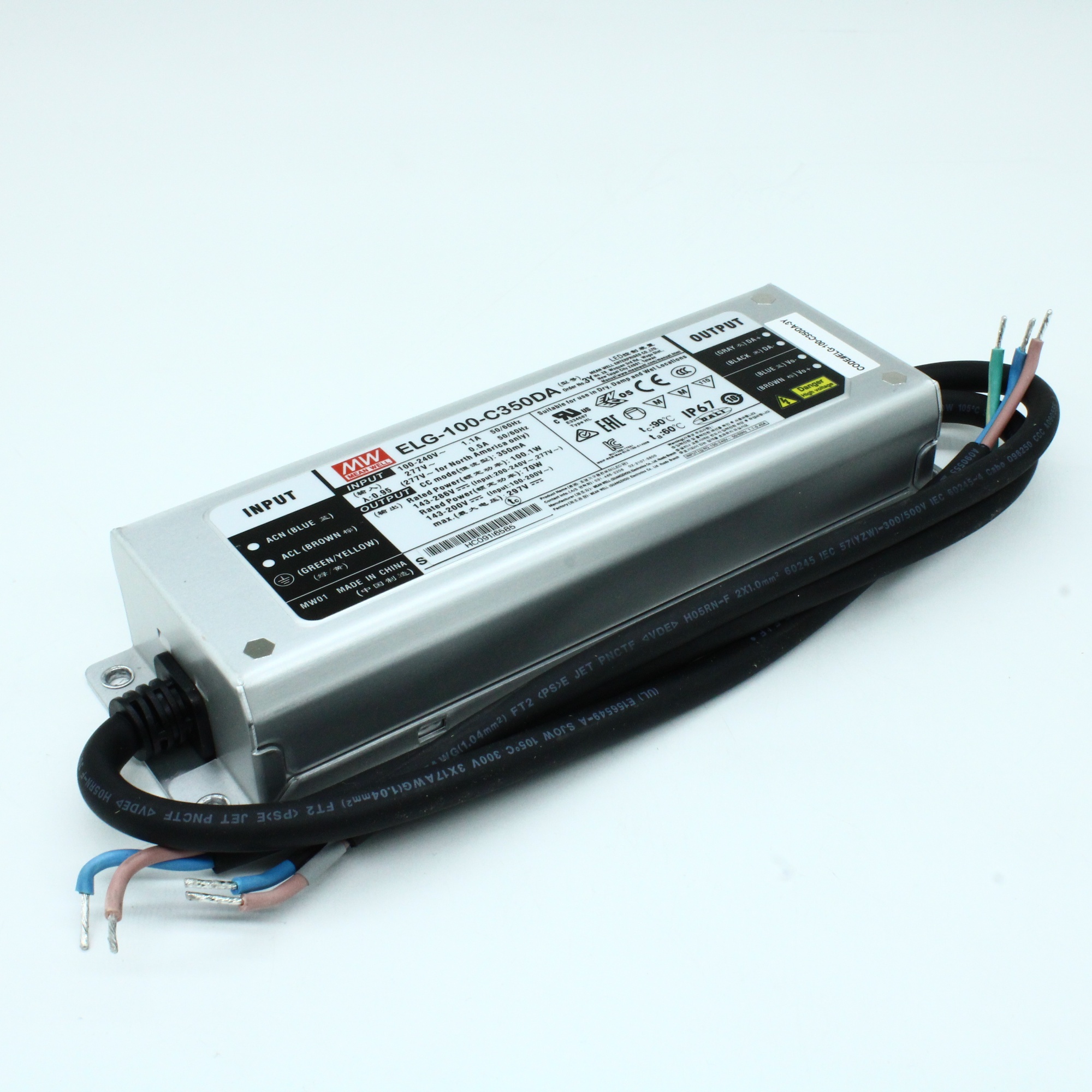 ELG-100-C350DA-3Y - AC-DC, 100.1Вт, IP65, вход 100…305В AC, 47…63Гц/142…431В DC, ККМ, выход 143…286В/350мА, изоляция 3750В AC, в кожухе 199х63х35.5, -40…+70°С, DALI димминг, с проводом заземления