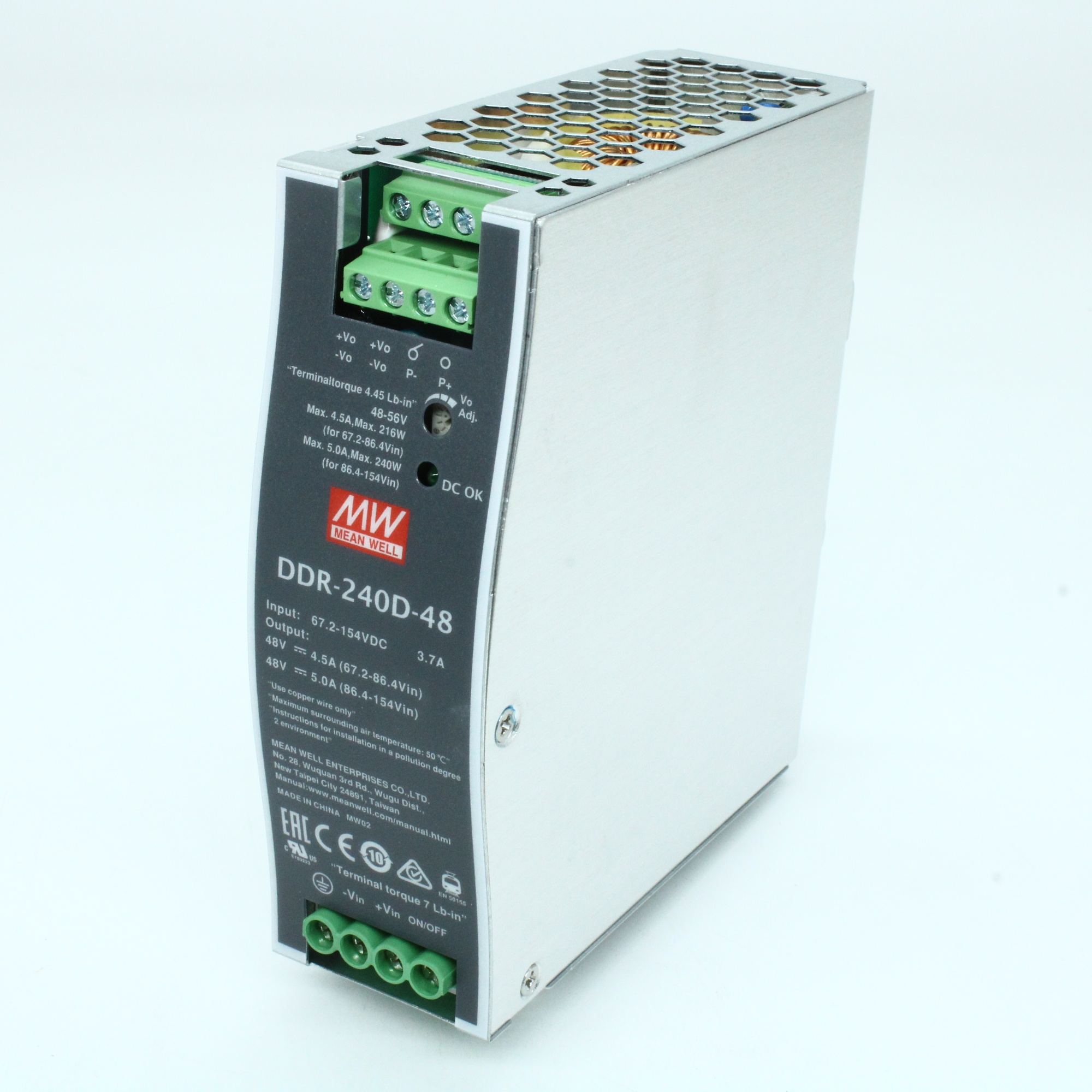 DDR-240D-48 - DC-DC, 240Вт, вход 67.2…154 В DC, выход 48В/5А, изоляция 4000В DC, в кожухе на DIN-рейку, 40х125.2х113.5мм, -40...+70°С