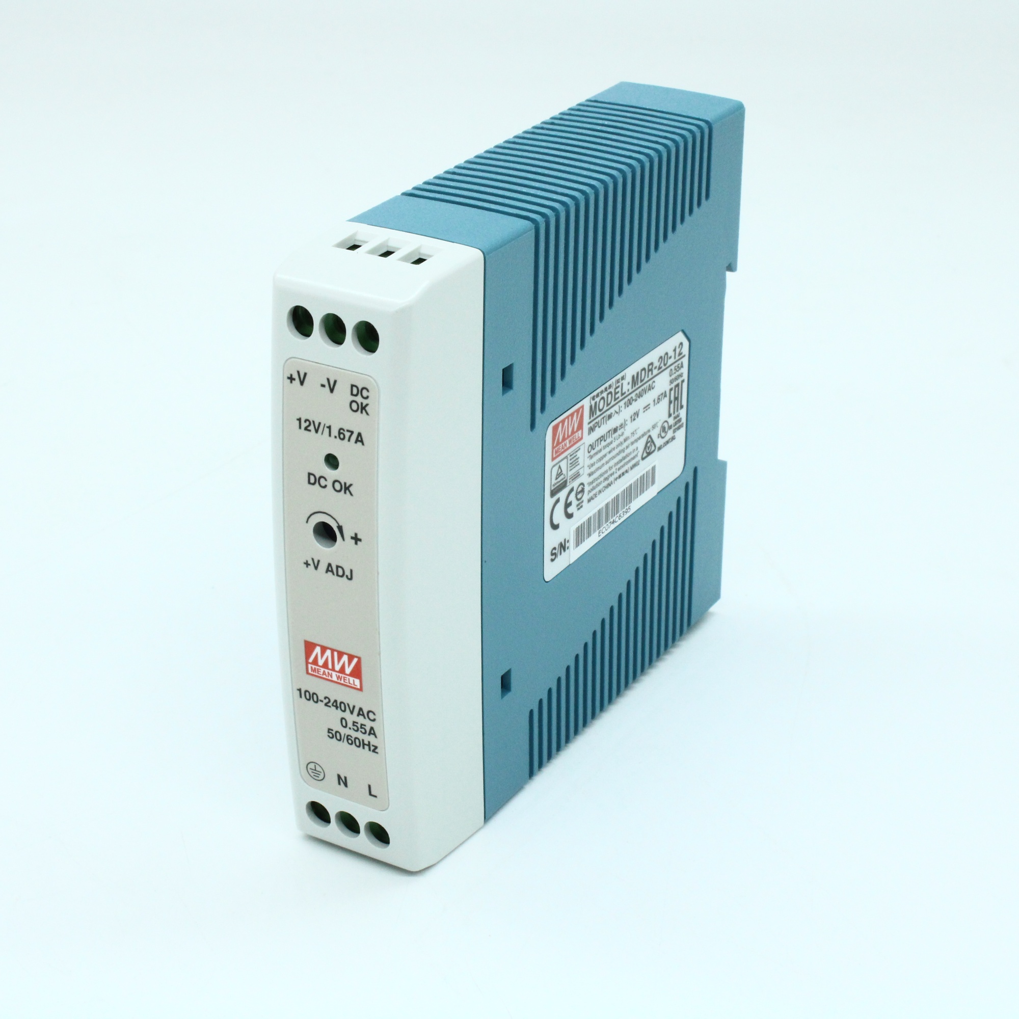 MDR-20-12 - Преобразователь AC-DC на DIN-рейку  20Вт, выход 12В/1,67A, рег. вых 10.8…13.2В, вход 85…264V AC, 47…63Гц /120…370В DC, изоляция 3000В AC, в кожухе  22,5х90х100мм, -20…+70°С