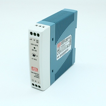 MDR-20-12 - Преобразователь AC-DC на DIN-рейку  20Вт, выход 12В/1,67A, рег. вых 10.8…13.2В, вход 85…264V AC, 47…63Гц /120…370В DC, изоляция 3000В AC, в кожухе  22,5х90х100мм, -20…+70°С