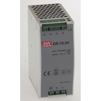 DR-75-24 - Преобразователь AC-DC на DIN-рейку  75Вт, выход 24В/3.2A, рег. вых=±10%Uном, вход 85…264V AC, 47…63Гц /120…370В DC, изоляция 3000В AC, в кожухе  100х56х125мм, -10…+50°С