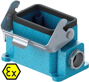 Закрытое основание разъема EX 70.330.0636.0 - Основание разъема на панель, закрытое, типоразмер 6B, взрывозащищита, с уплотнителем, 2 кабельных ввода M20x1,5, IP54, с одной защелкой, с защитной крышкой, материал корпуса: цинковый сплав