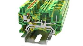 Клемма PE, для разъемов DS4/1P-PE-01P-1C - Клемма для подключения внешнего разъема, с заземлением, 1+1 точки подключения, тип фиксации провода: Push-in, номинальное сечение: 4 мм кв., ширина: 6,2 мм, цвет: желто-зеленый, втычная перемычка, тип монтажа: DI