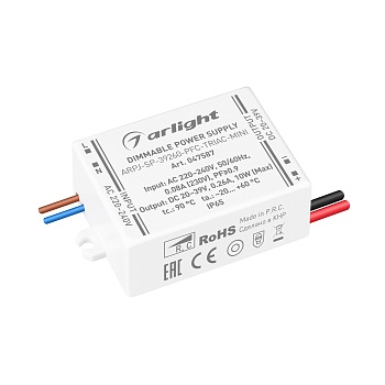 Блок питания ARPJ-SP-39260-PFC-TRIAC-MINI (10W, 20-39V, 260mA) 047587 - Диммируемый источник тока по стандарту TRIAC с гальванической развязкой для светильников и мощных светодиодов. Входное напряжение 220-240 VAC. Выходные параметры: 20-39 В, 260 mА, 10 