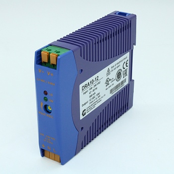 DRA10-12 - Преобразователь AC-DC на DIN-рейку  10Вт, выход 12В/0.84A, рег. вых 10.8…13.8В, вход 90…265V AC, 47…63Гц / 120...370V DC , изоляция 3000V AC, : 115х90х23мм, -20…+71°С, пружинные клеммы