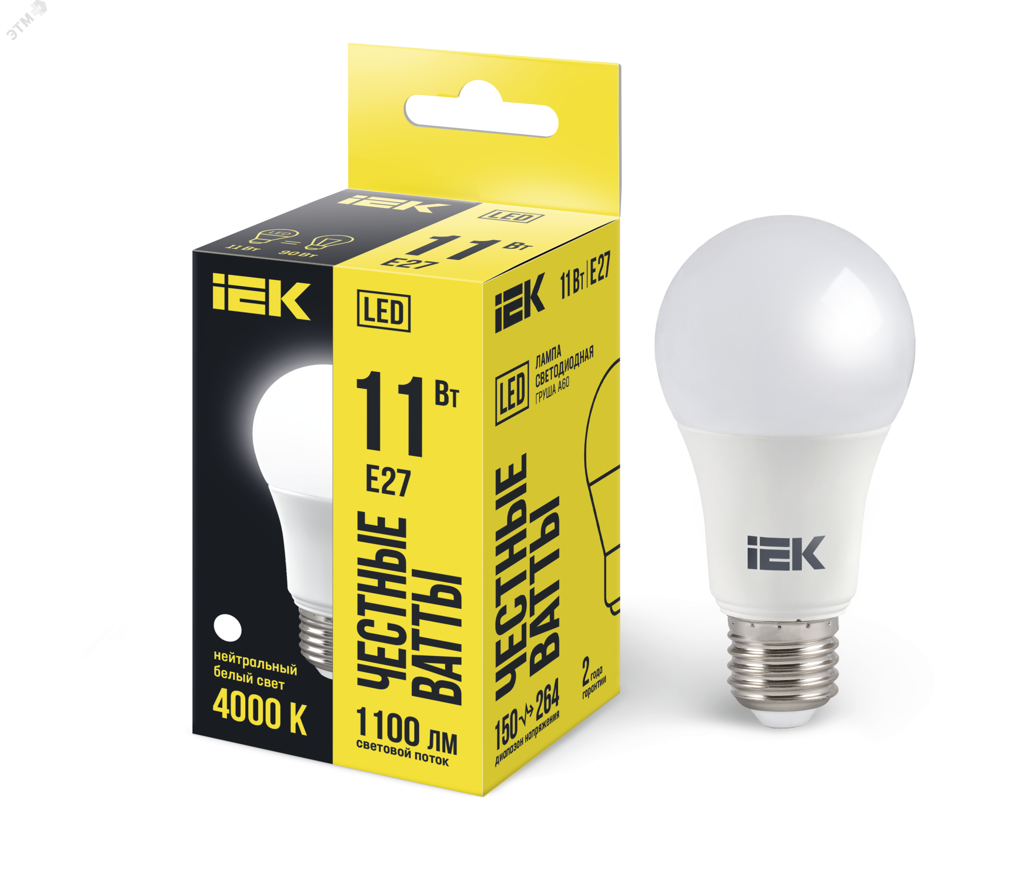Лампа светодиодная Eco 11Вт A60 шар грушевидная 4000К нейтр. бел. E27 990лм 230-240В IEK LLE-A60-11-230-40-E27