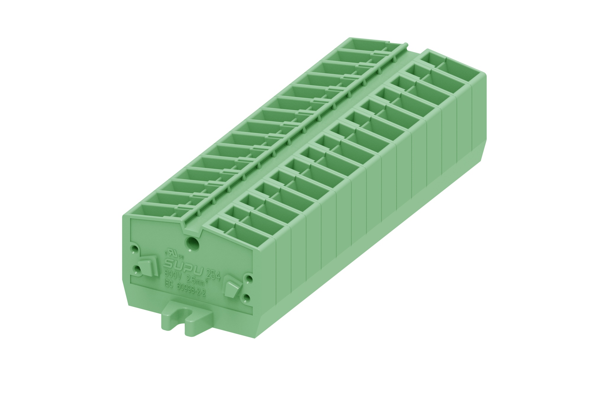 Клемма мини 254306 - Мини клемма, верхний подвод кабеля, 2 точки подключения в клемме, тип фиксации провода: пружинный, номинальное сечение: 2,5 мм кв., 24A, 800V, цвет: зеленый, тип монтажа: монтажные фланцы