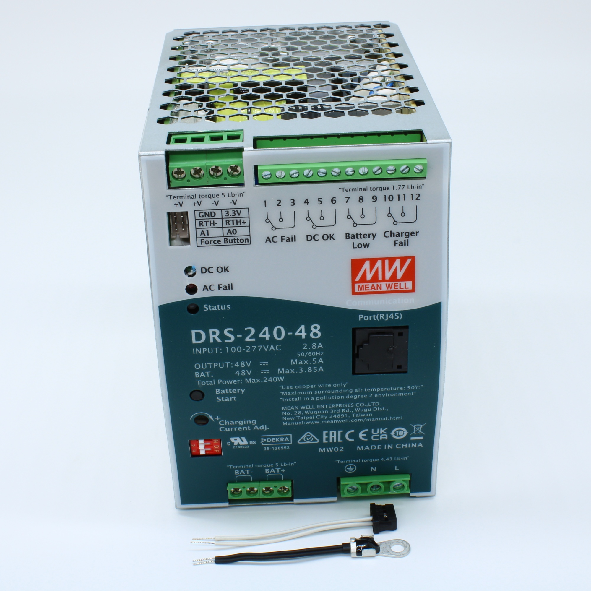 DRS-240-48 - AC-DC с функцией UPS, 240Вт, выход 48В/5A, вход 90…305В АС/127…431В DC, максимальный зарядный ток 3.85А, MODBus, изоляция 3000В АС, в корпусе 85.5х125.2х129.2мм, -30...+70°С