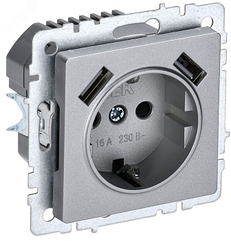 Розетка BRITE РЮш10-1-БрА 16А с USB A+A 2.1А с заземл. защ. шторки алюм. BR-R14-16-U21-D21-K47