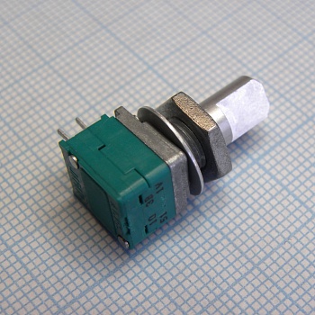 RK09712200MY - сдвоенный, 10ком, линейная. хар-ка, метал вал с лыской 15мм ф6мм, крепление на гайку 7мм Horisontal, For volume