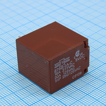 875B-1A-C 05VDC - Реле пайка в плату. Упр.: 5VDC, Потр. мощн.: 0.36W. Комм.: 16A 240VАC, конт.: 1 открытый, размер (LxWxH) мм: 21.0 х 16.0 х 20.6.