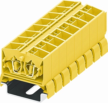 Клемма мини 254385 - Мини клемма, верхний подвод кабеля, 4 точки подключения в клемме, тип фиксации провода: пружинный, номинальное сечение: 2,5 мм кв., 24A, 800V, цвет: желтый, тип монтажа: DIN35
