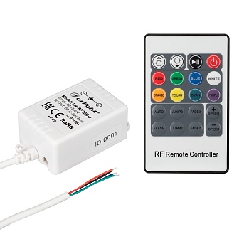 Контроллер LN-RF20B-J (12V, 72W, ПДУ 20кн) 011884 - RGB-контроллер с RF (радиоуправление) пультом 20 кнопки. 6 динамических, 8 статических программ, скорость, яркость. Питание 12-24VDC, макс.ток 3х2A, мощность 72-144W. Габариты 63x35x22 мм. Дальность пуль