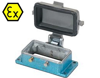Открытое основание разъема EX 99.702.3329.7 - Основание разъема на панель, открытое, типоразмер 16B, взрывозащищита, с уплотнителем, без защелок (упоры для двух защелок), с защитной крышкой, материал корпуса: цинковый сплав