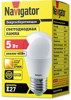 Лампа светодиодная 94 477 NLL-P-G45-5-230-2.7K-E27 5Вт шар 2700К тепл. бел. E27 330лм 176-264В 94477